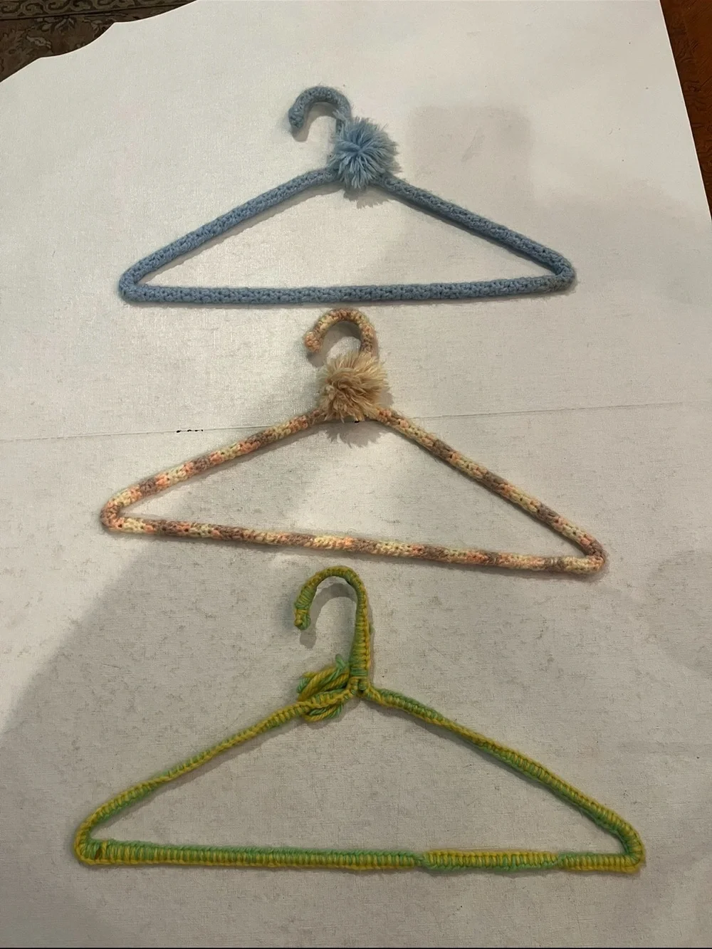 Vintage hand Knit /Crochet Multicolor Covered Hangers Set. Set of 3